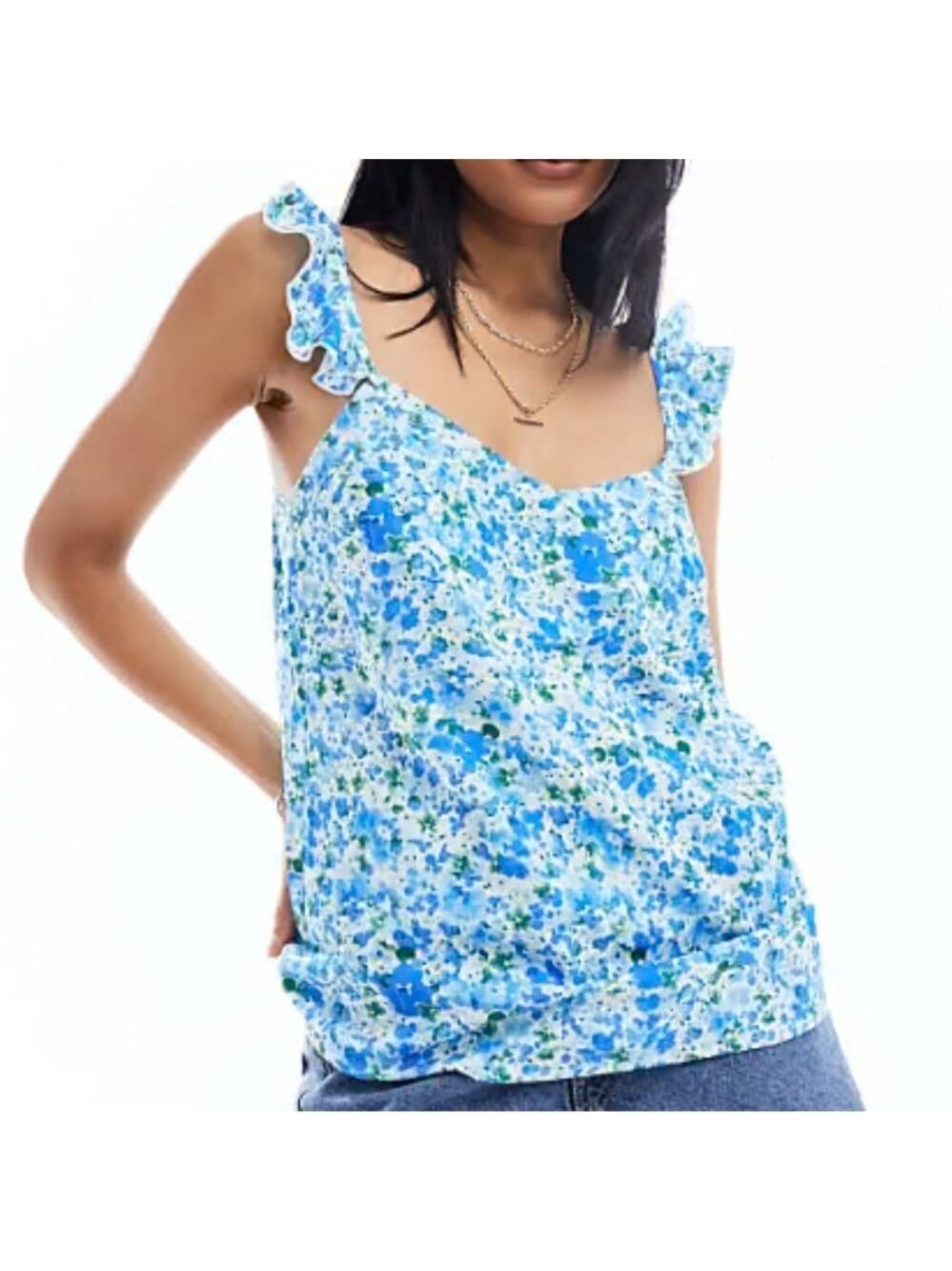 EILEEN WEST floral pajama top camisole 100% cotton button up ruffle straps blue